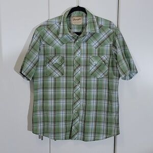 Wrangler Western Pearl Snap Shirt Short Sleeve Green Plaid Button Up Size L